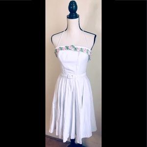 White Strapless Fit & Flare Dress: Authentic Vintage, Midi, Floral Accents,Sz. 0